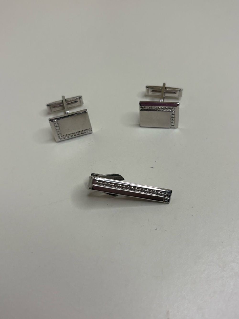 Vintage Silver Tone Cufflink & Tie Clip Set Geometric Beaded Formal Men’s Set